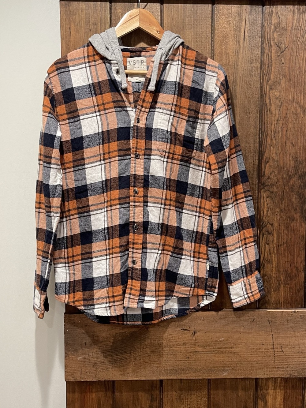 VSTR Premium Plaid Flannel Hooded Button Up Hoodie Blue Orange Medium